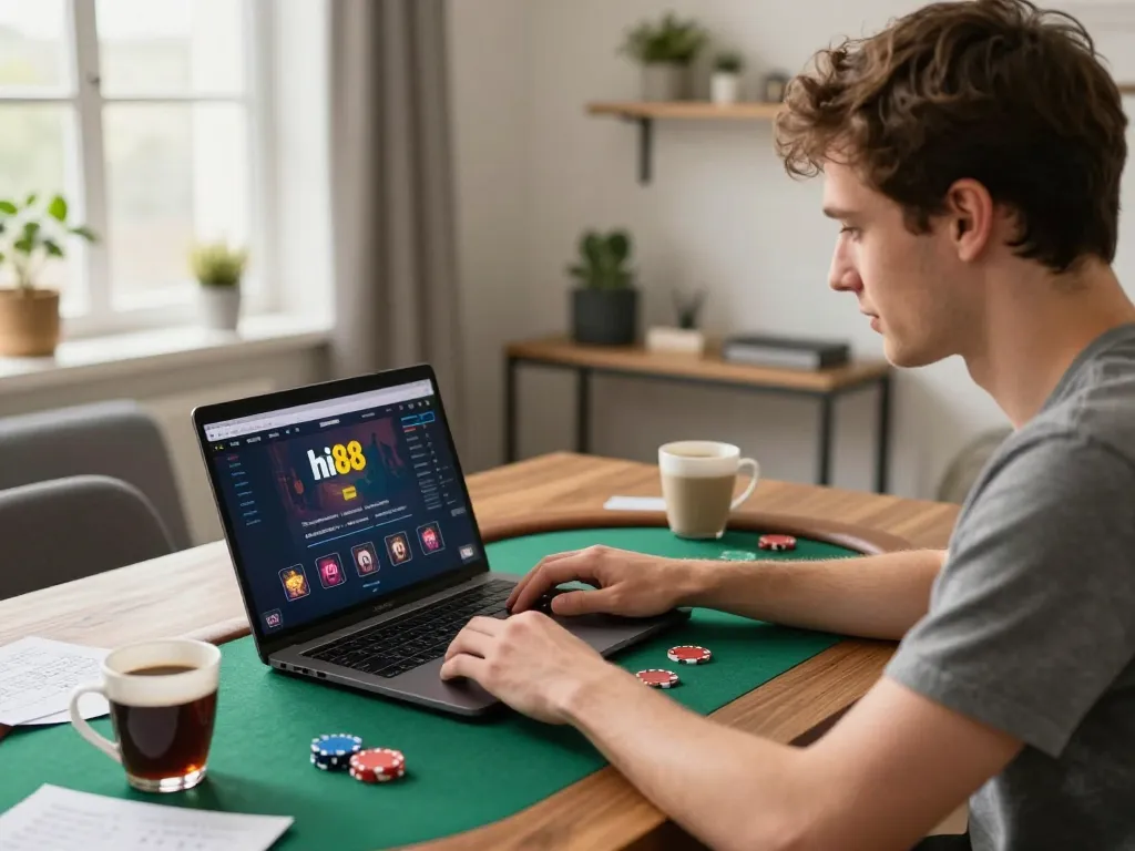 Player strategizing on hi88 poker game at home, showcasing modern gaming setup.