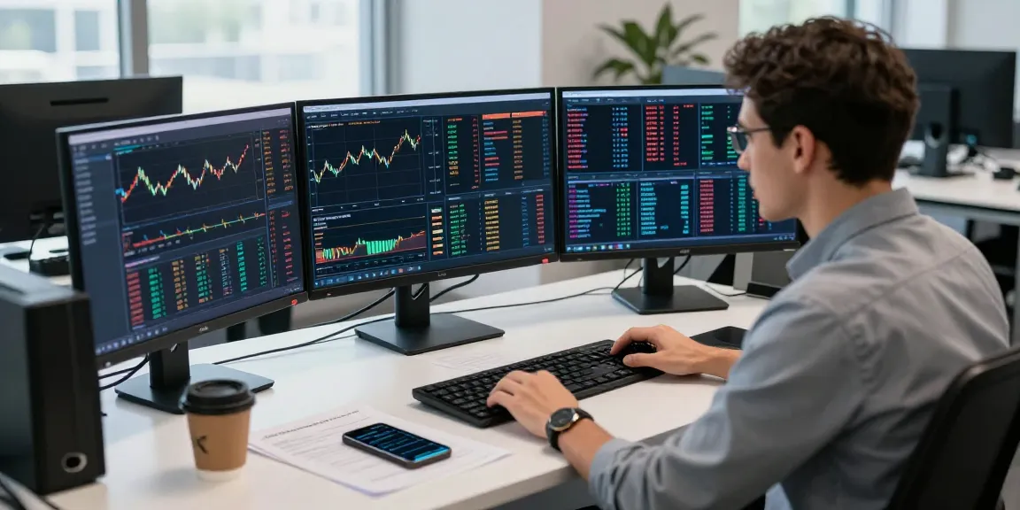 Трейдер анализирует платформу BitMEX в современном офисе с графиками криптовалют