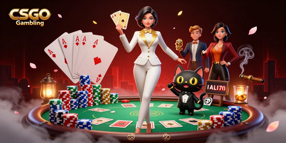 Rasakan Taruhan CSGO dengan karakter glamor, meja poker, dan elemen permainan yang berwarna-warni.