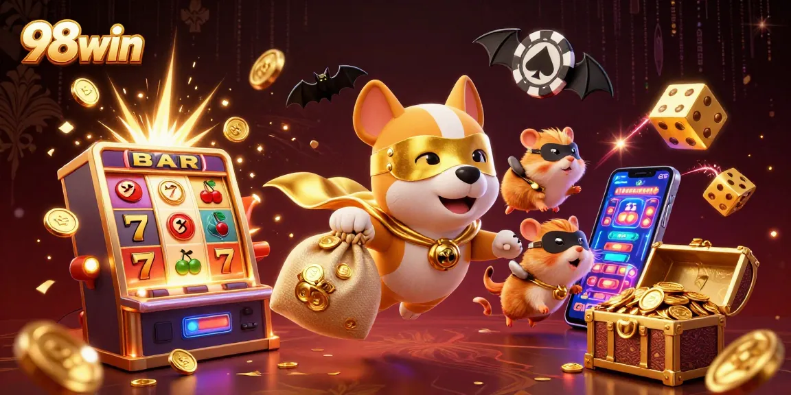 Engage with 98win as a superhero dog and hamster soar over a jackpot explosion in this vibrant illustration.
