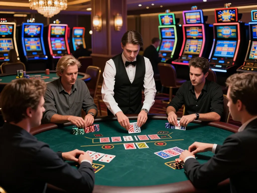 Engaged players at blackjack table strategizing to win with link cm88 mới nhất, capturing excitement in a luxurious casino.