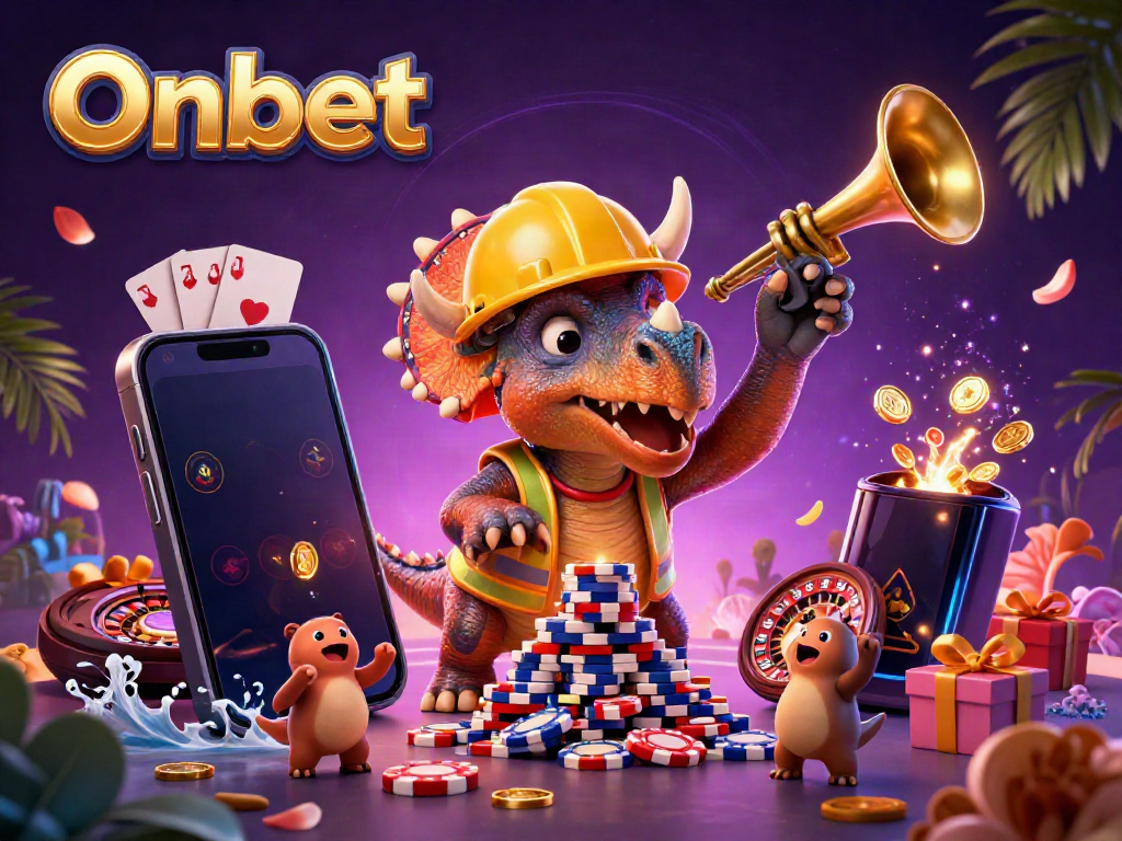 Engage with Onbet's thrilling casino experience featuring a triceratops and parasaurolophus celebrating a poker chip tower.
