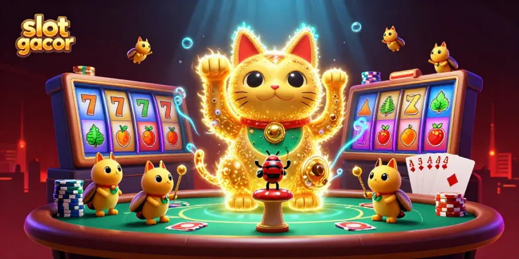Engage with slot gacor magic through a vibrant and dynamic 3D illustration showcasing a lucky cat conjuring casino symbols.