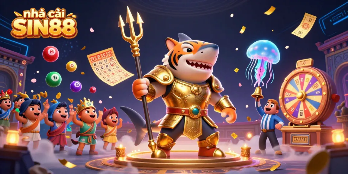 Join the excitement of nhà cái SIN88 with a lively underwater scene featuring a gold-armored shark and vibrant gaming elements.