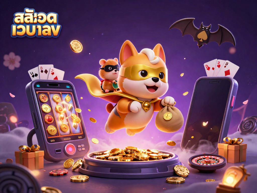 Engage with สล็อตเว็บตรง through a superhero dog carrying gold coins in a dynamic casino-themed scene.