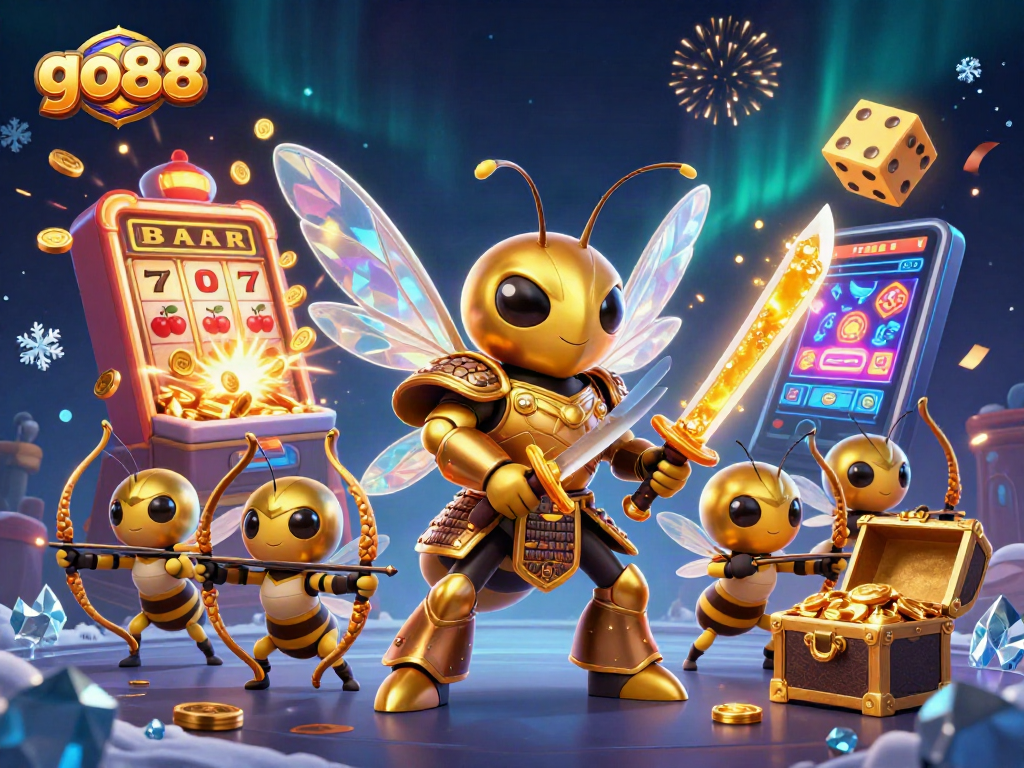 Engage with go88's vibrant 3D casino scene showcasing a golden hornet samurai and slot machine rewards.
