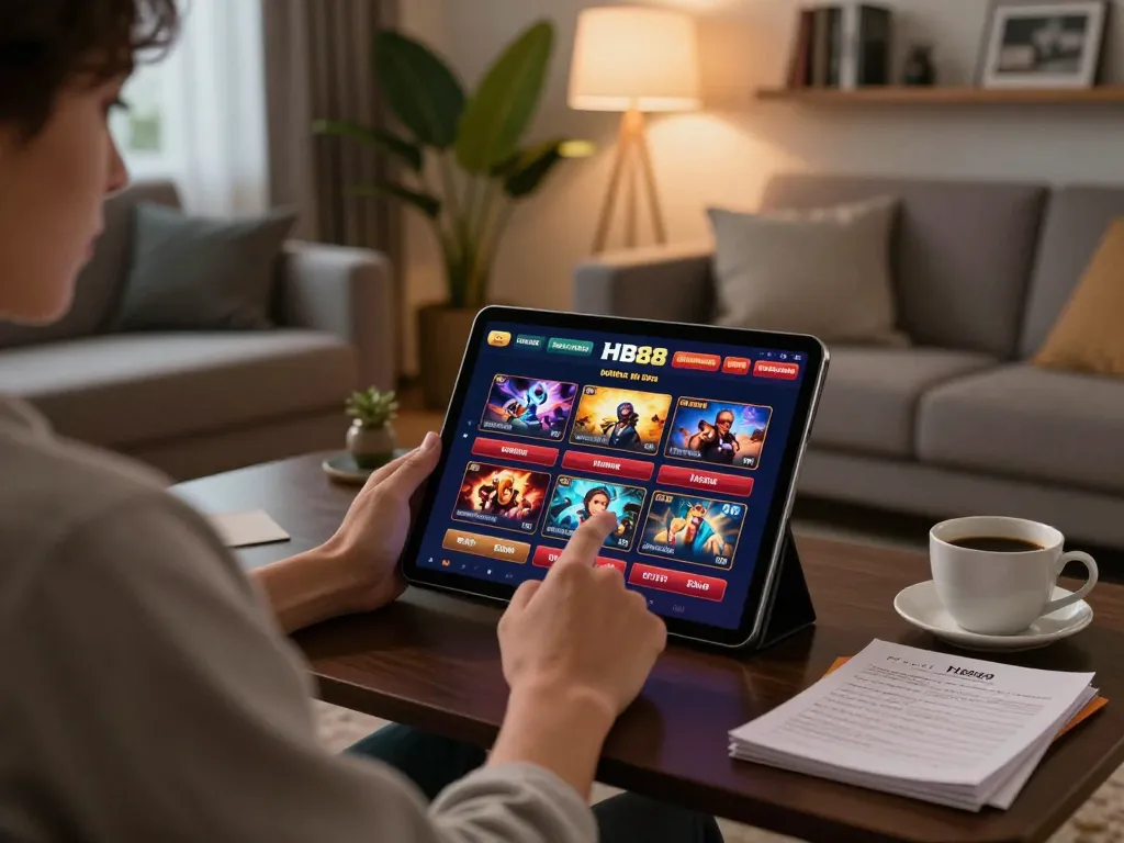 Player engaging in online gaming at HB88 app in a cozy home setting, illustrating strategic approach.