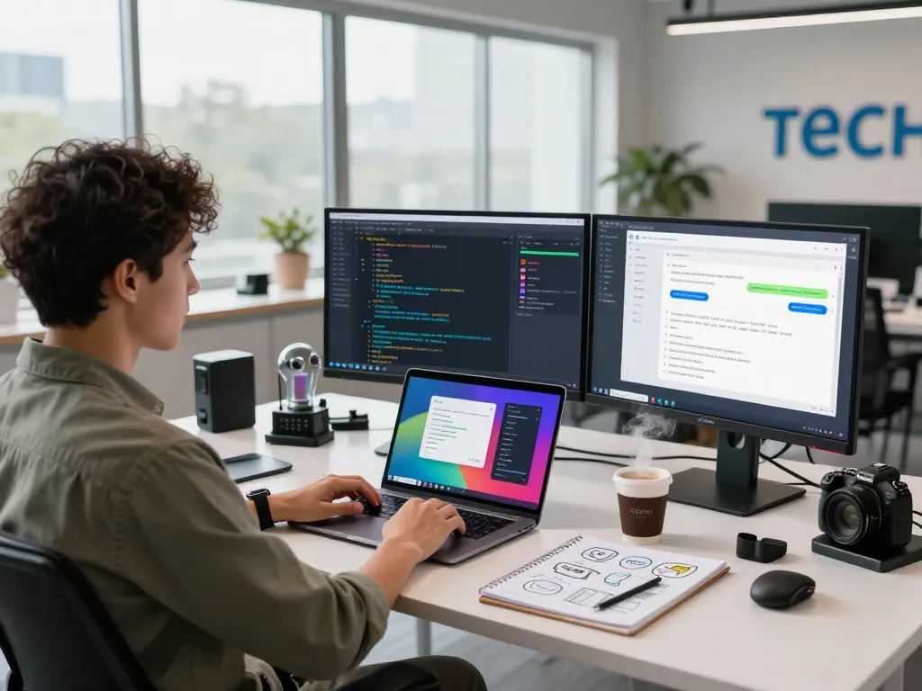 Dynamic workspace with a software developer working on juicy ai interactions in a modern office setting.