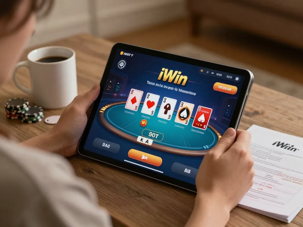 Engaging in iWin online poker game on a tablet at home, with strategy notes visible