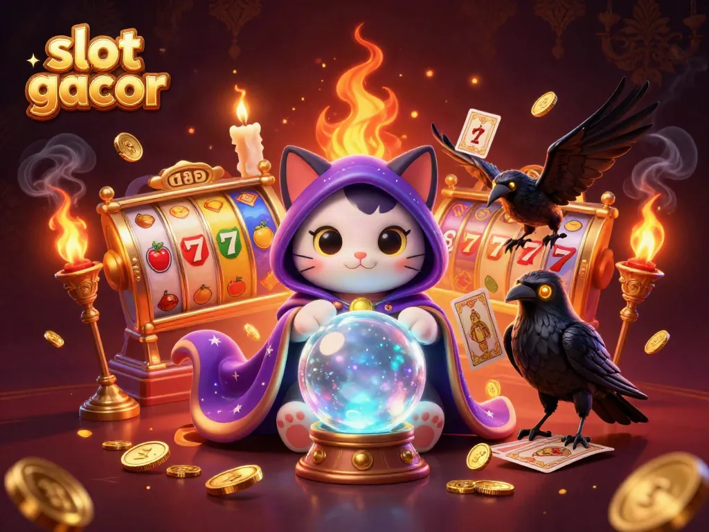 Experience excitement with slot gacor as fortune teller cat and raven engage in dynamic action.