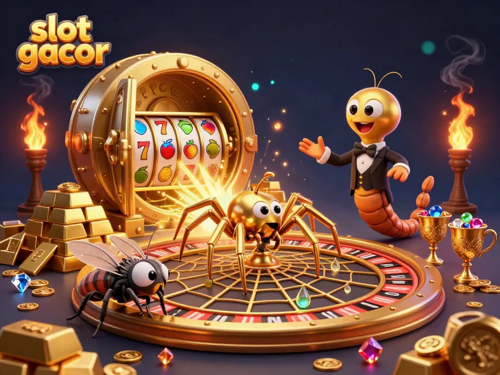 Engage in the excitement of slot gacor with a dynamic 3D illustration of a golden spider and croupier in a vibrant casino setting.