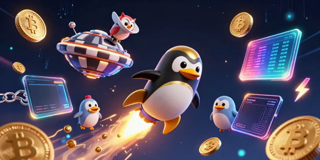 Mahjong dan penguin emas terbang dalam ilustrasi 3D yang penuh detail, menampilkan elemen kasino.
