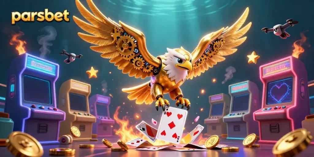 parsbet ile eğlenceli bir casino deneyimi için holografik kartlar arasında dalış yapan Altın Kartal.