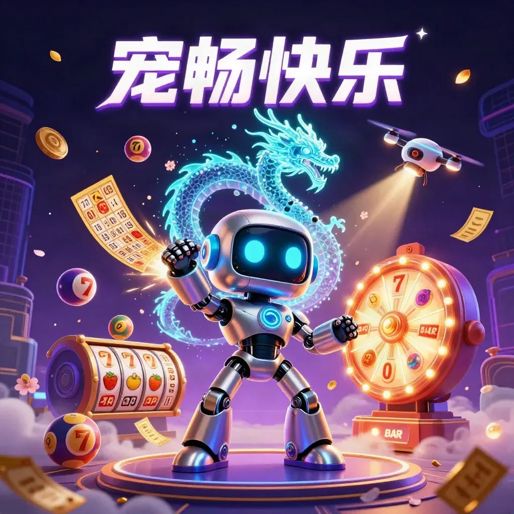 Cyberpunk robot, hologram dragon, and coin drone amid casino game bursts on a neon dark background.