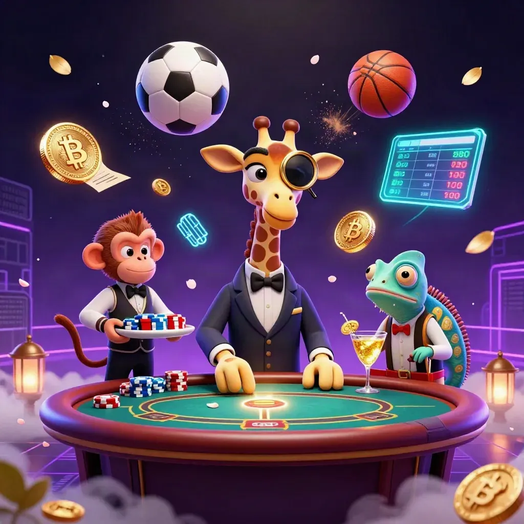 Neon casino animals with flying sports balls, coins, fog, and glowing effects.