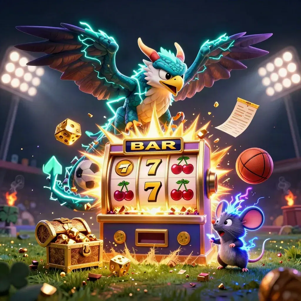 Thunder dragon, hawk, mouse, flying sports balls and casino bursts in neon gold and purple.