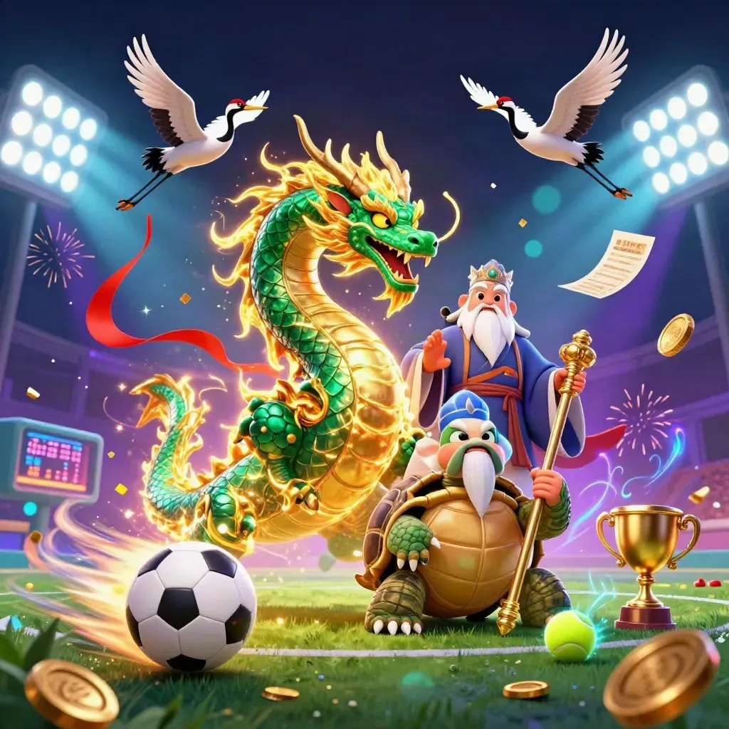Jade dragon, turtle sage, and cranes amid flying sports balls, coins, lights, and fireworks.