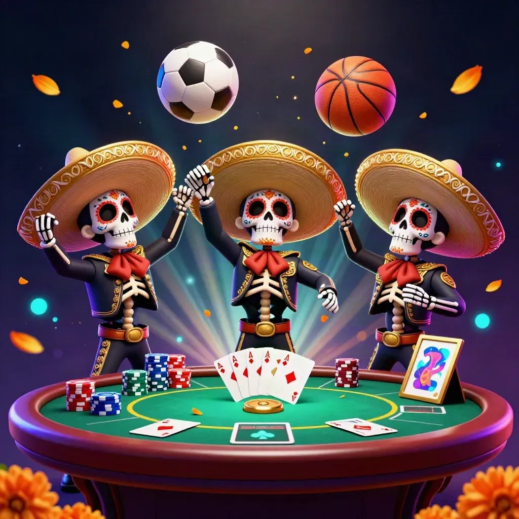 Skeleton mariachi trio amid neon casino chips, cards, and balls in a premium splash screen.