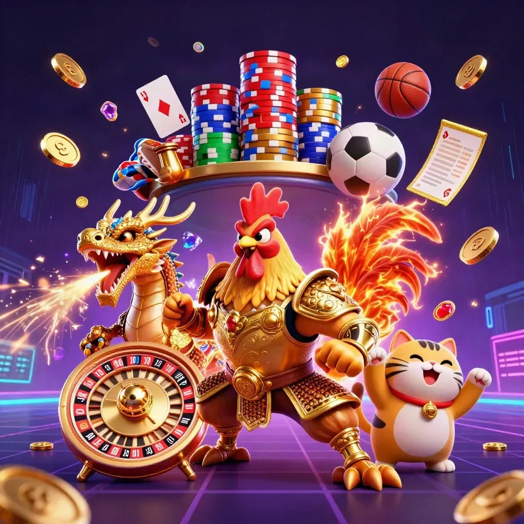 Rooster warrior, dragon hatchling and fortune-cat amid casino sports icons and neon sparks