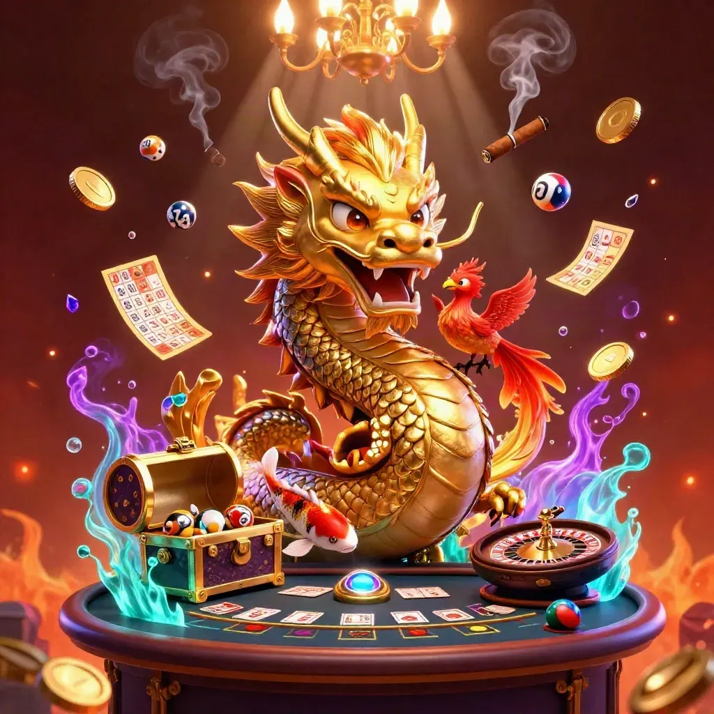 Dragon, phoenix, koi, casino props, and neon luxury effects in a packed AAA game scene.