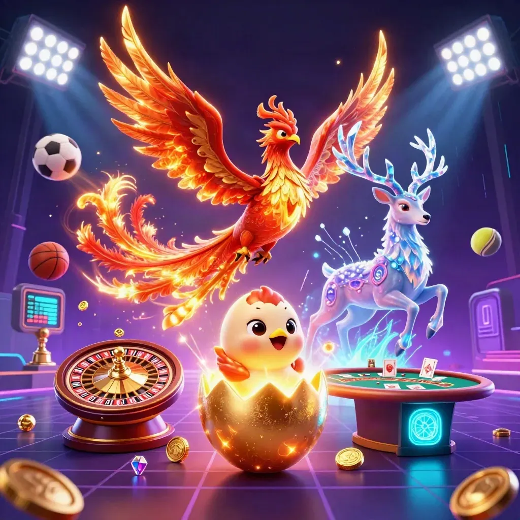 Phoenix trio with sports balls, roulette wheel, and casino glow in neon luxury