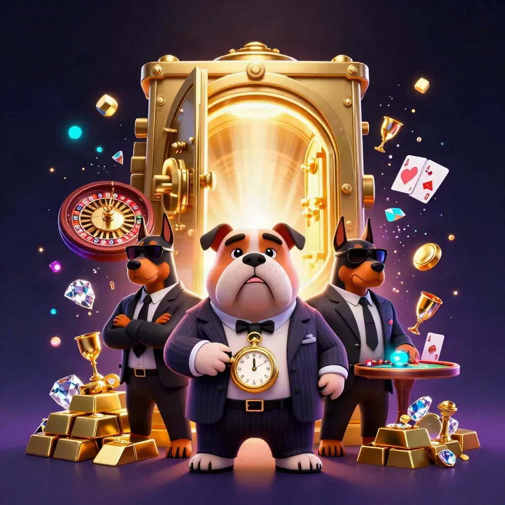 Cartoon bulldog boss with two Dobermans amid gold vault, gems, and casino lights