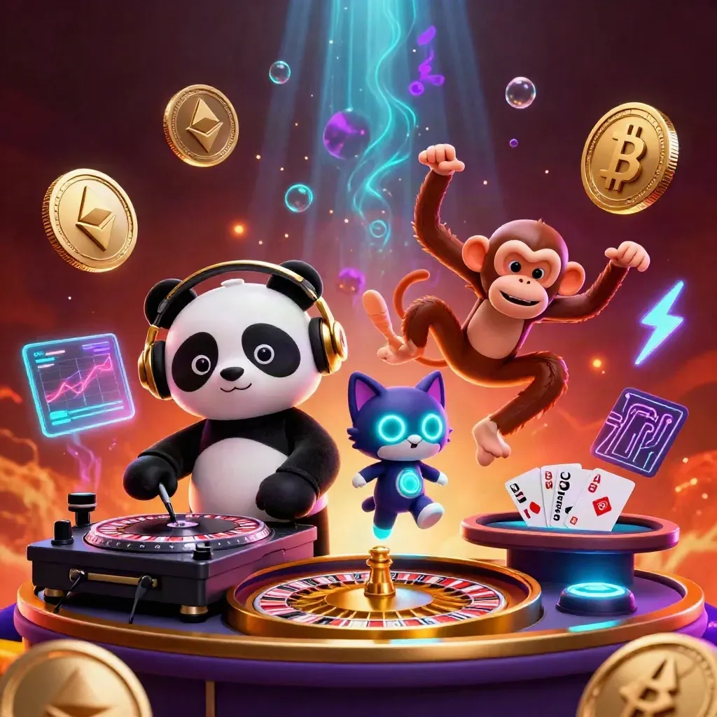 Neon casino trio with panda DJ, monkey, kitten, coins, and glowing tech.