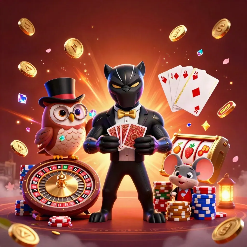 Panther, owl, and mouse amid exploding coins, cards, chips, gems, and neon casino glow.