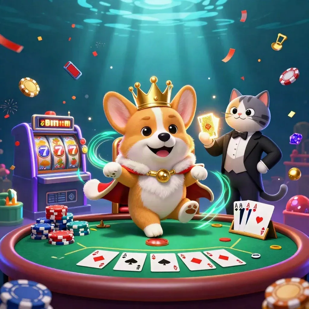 Crowned corgi and cat butler amid chips, cards, reels, and purple casino magic underwater