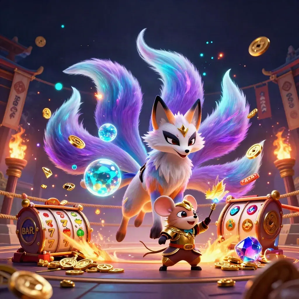 Nine-tailed fox spirit and armored mouse amid neon casino treasure bursts