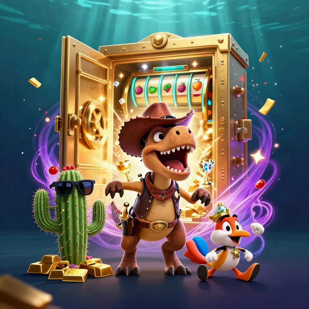 Cowboy T-Rex trio bursts from a treasure vault with gold, gems, and purple neon energy.