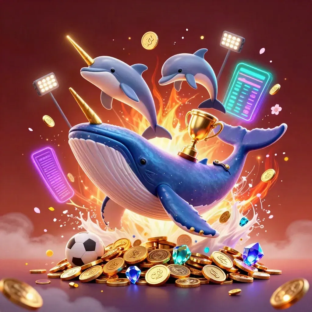 Whale captain, narwhal, and dolphins burst through coins in neon purple casino key art.