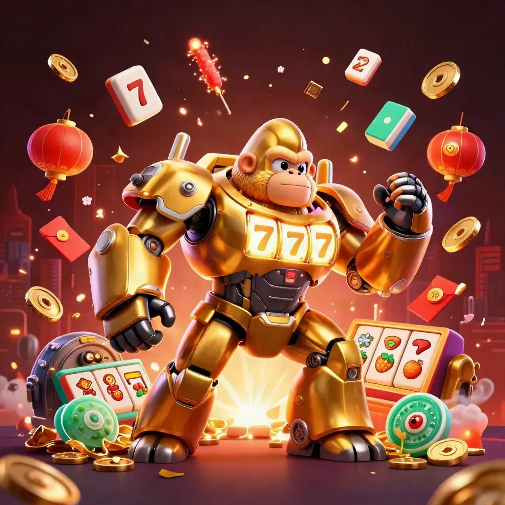 Golden gorilla mech with monkey pilot exploding in coins, lanterns, fireworks, and neon casino glory.