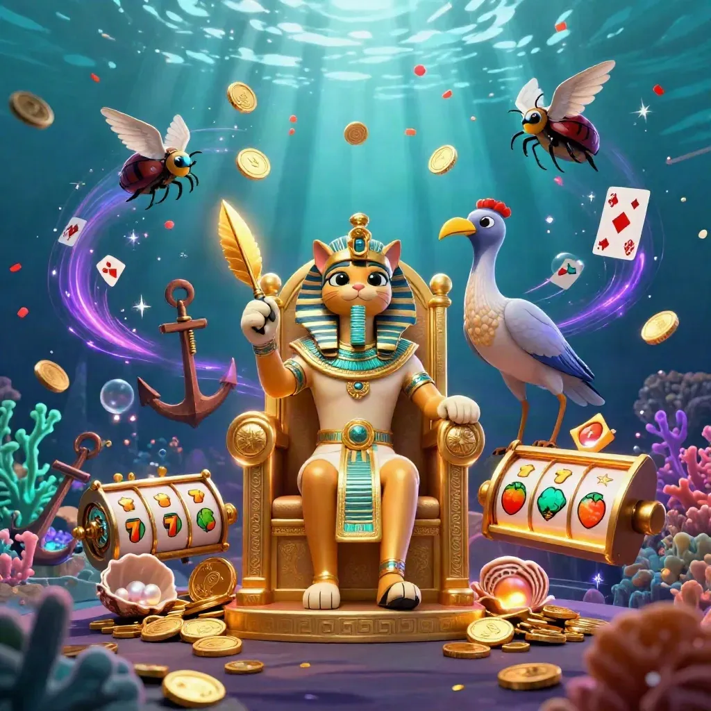 Pharaoh cat, ibis scribe, and scarab beetles amid coins, coral, cards, fireworks, and casino effects.