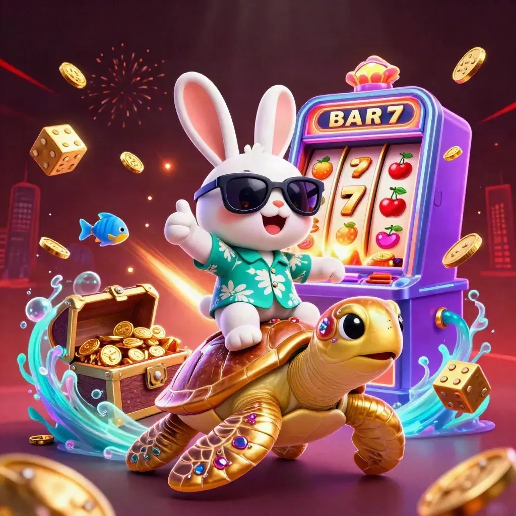 Lucky rabbit on golden turtle amid slot bursts, coins, treasure, and neon casino fireworks.