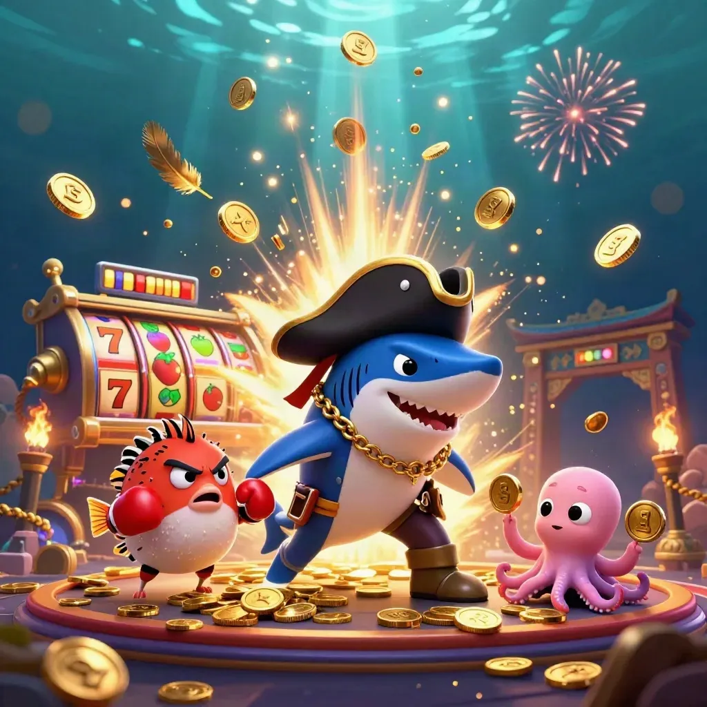 Pirate shark, boxing pufferfish, octopus, coins, reels, temple gate, neon splash
