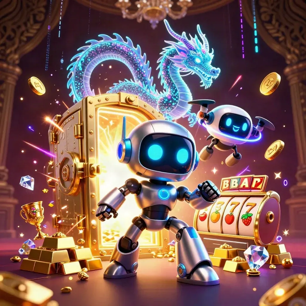 Chrome cyberpunk robot, holographic dragon, and coin drone amid gold vault bursts and neon casino effects.