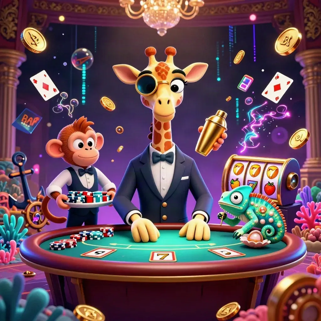 Giraffe, monkey valet, and chameleon bartender amid neon casino treasure and slot symbols.