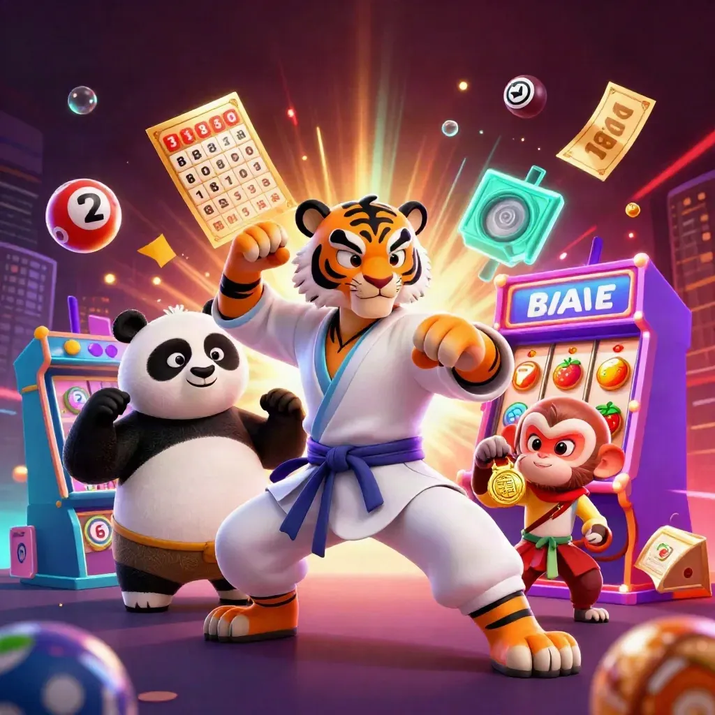 Tiger, panda, and monkey kung-fu heroes amid neon slot reels, lottery balls, and gold casino effects