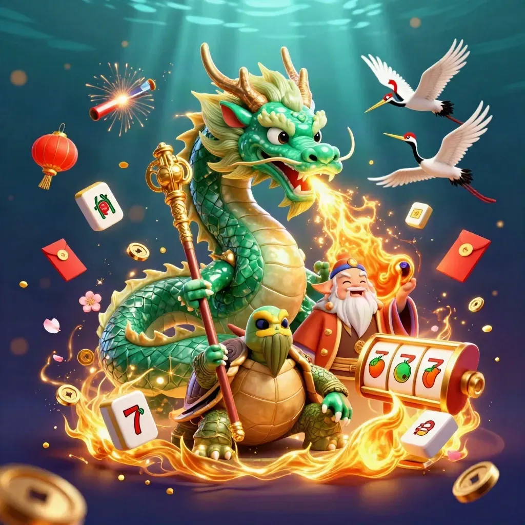 Jade dragon, turtle sage, and cranes amid casino reels, coins, lanterns, and golden effects.