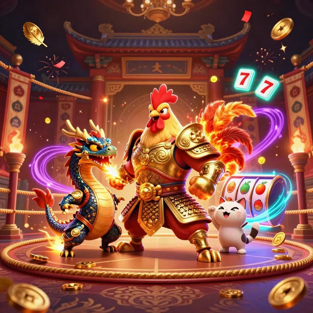 Rooster samurai, dragon hatchling, and cheering fortune-cat in a neon casino battle scene