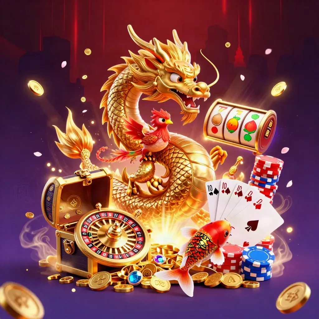 Golden dragon, phoenix, koi and casino loot erupt in neon casino art on a dark red skyline.
