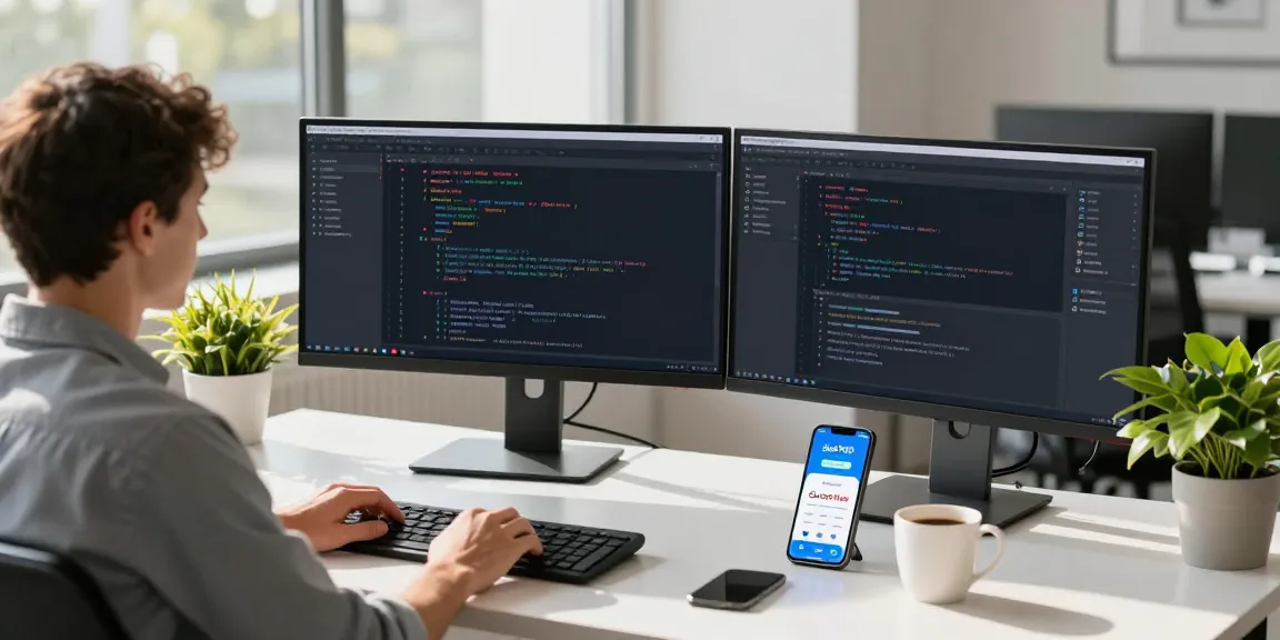 Developer coding for the slot7000 platform in modern office setting with multiple screens.