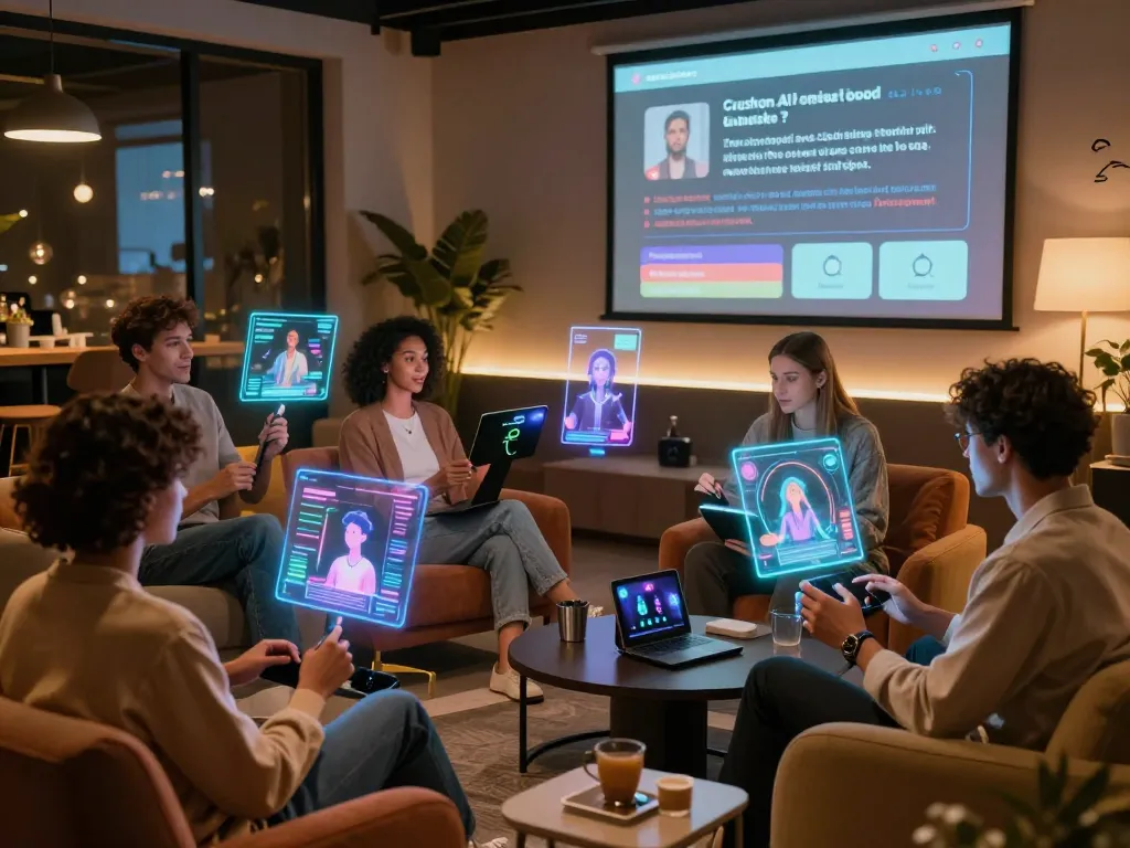 Engaged user experiencing immersive ai sex chat with diverse AI companions in a modern lounge setting.