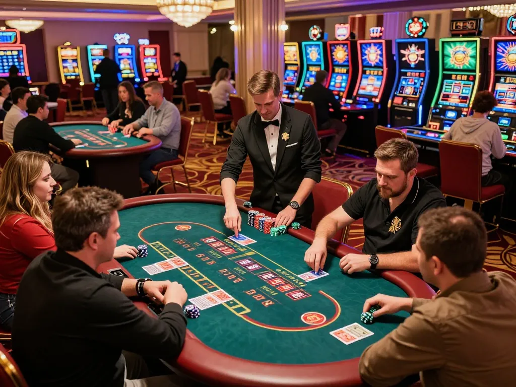 Engaged players on the vibrant casino floor at luck88com, enjoying thrilling gambling games.