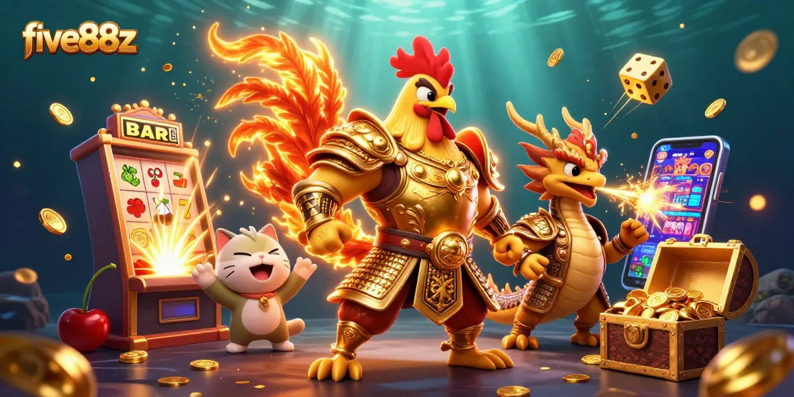 Experience the thrill of five88z with vibrant 3D characters and dynamic casino elements bursting with excitement.