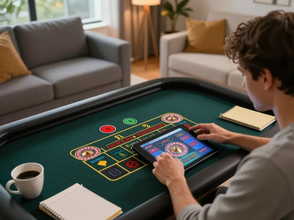 Player enjoying non gamstop live dealer roulette game on tablet in cozy home setting.