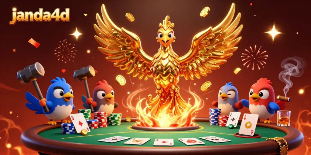 Gambarkan aksi permainan kartu di janda4d dengan phoenix emas dan chip poker yang mempesona.