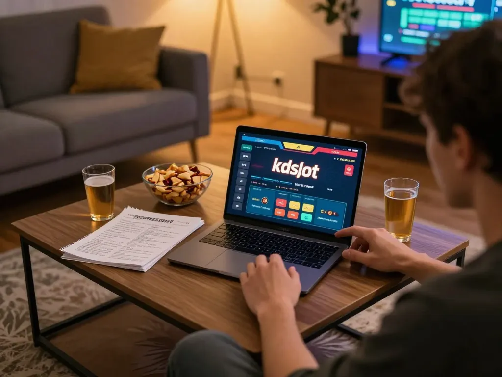 Player enjoying kdslot online gaming experience on laptop in a cozy home setting.