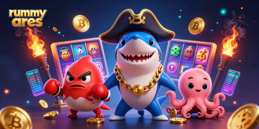 Engage with rummy ares in a vibrant, cartoon casino scene featuring dynamic characters and game elements.